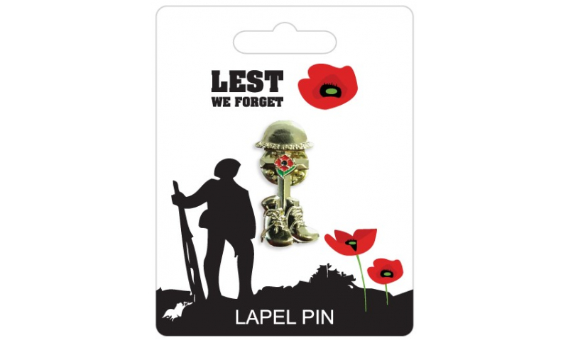 Remembrance Poppy Lapel Pin - Boots Helmet & Cross Design